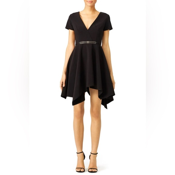 Halston Heritage / Cap Sleeve V-Neck Cocktail Dress Black Jagged Edge 14